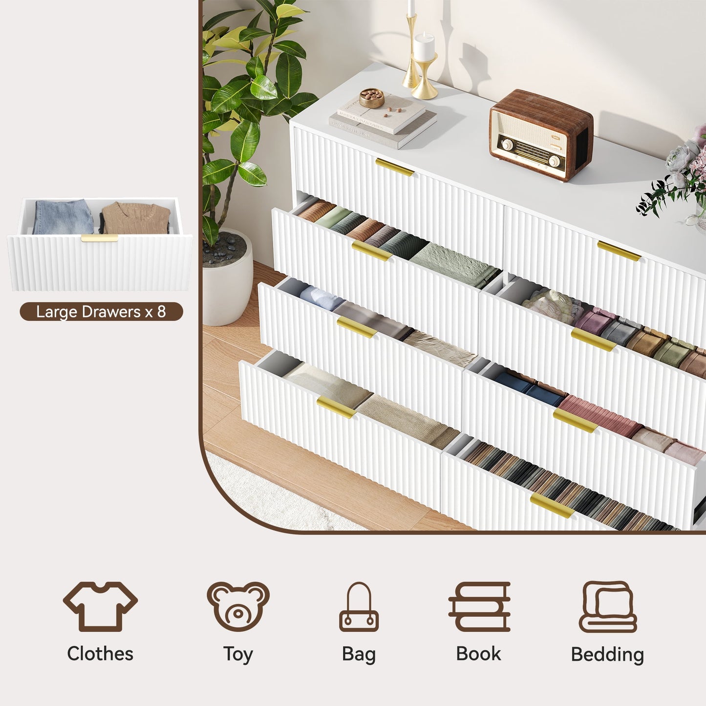 YouTrend 7 Drawer Dresser and Nightstand Sets for Bedroom,3 Piece Bedroom Dresser Set,Fluted Dressers and Nightstands, Modern Bedroom Set