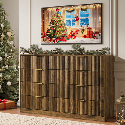 8 Drawer Dresser with for Bedroom,Modern Fluted Wood Chest of Drawer with Golden Embedded Handles for Living Room,Hallway