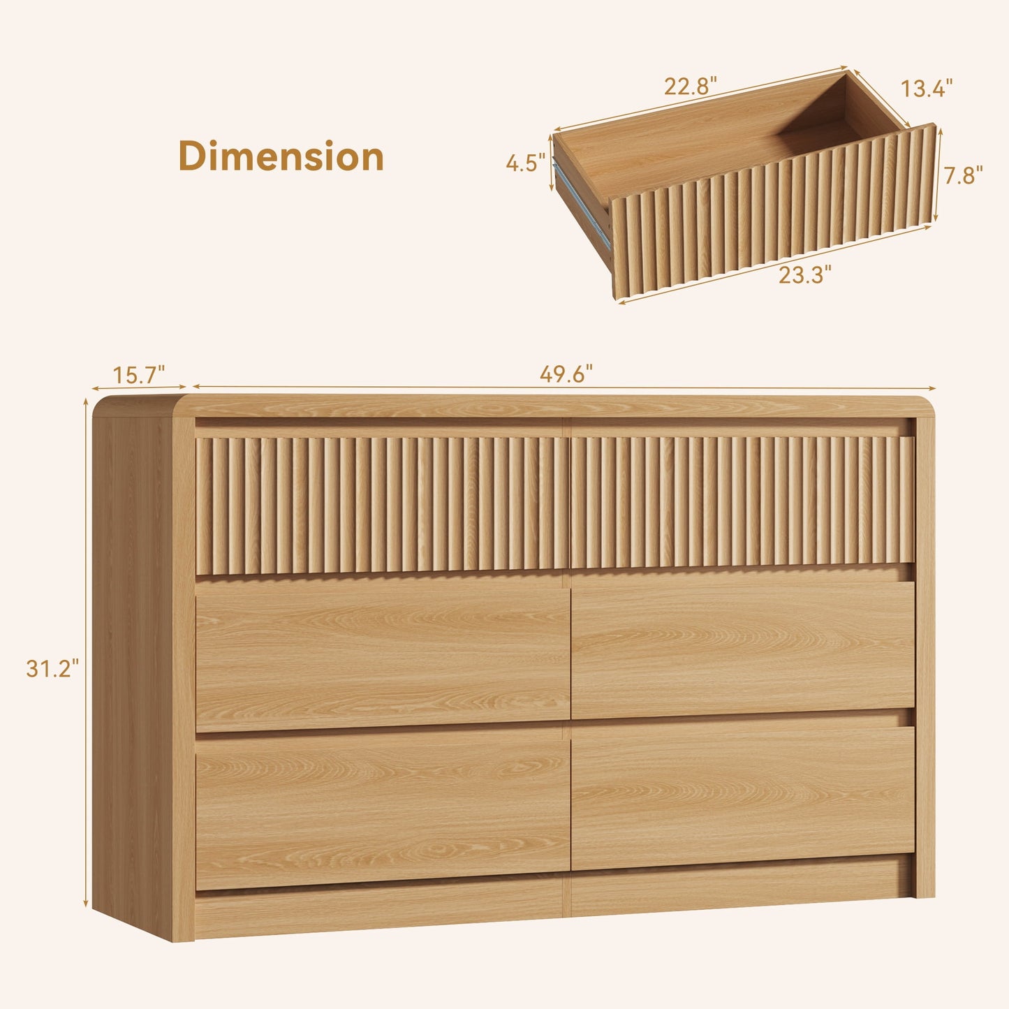 ASTUVIA 9 Fluted Drawers Dresser for Bedroom, 49.2" W Modern Chest of Drawers with Curved Profile Design, Mid Century Storage Dressers Organizer,Brown