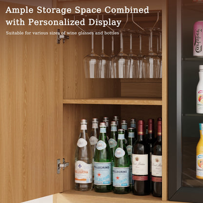 ASTUVIA Mini Fridge Cabinet with Power Outlet,Fluted Coffee Bar Cabinet with Mini Fridge Space,Buffet Sideboard with Drawers,Natural