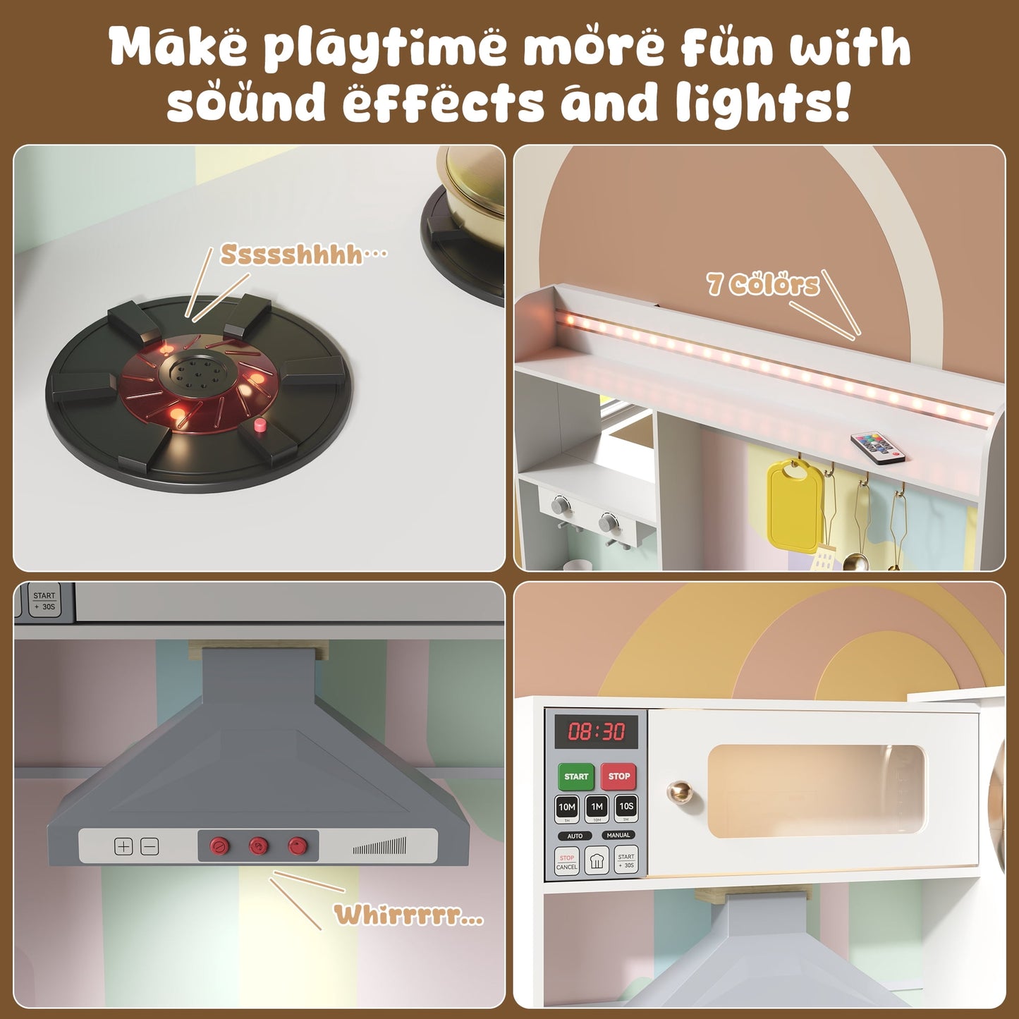 ASTUVIA Wooden Play Kitchen For Kids With Realistic Lights & Sounds, Smart Storage, Pretend Ice Maker, Sink, Stove, Inspiring Creative Role Play Toy