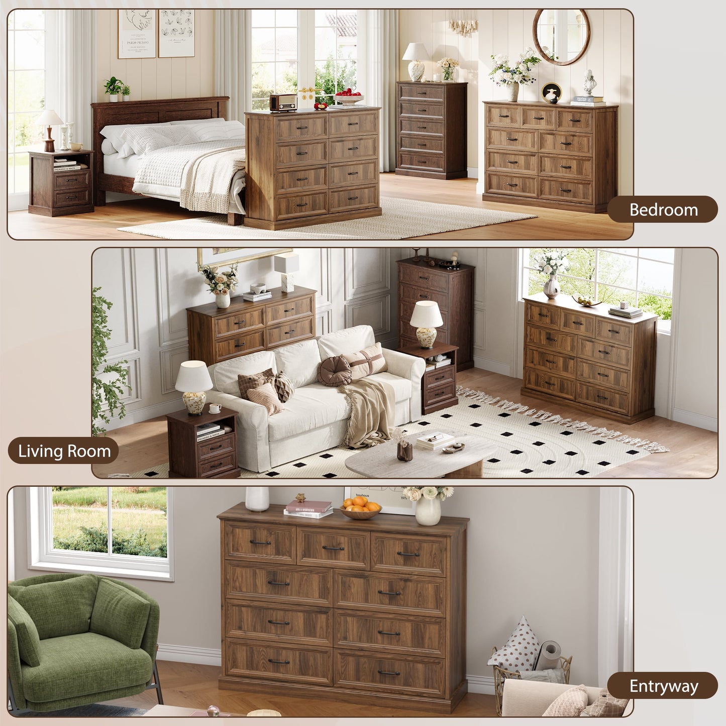 YouTrend Rustic 9-Drawer Wood Dresser, Large Storage Chest Organizer with Metal Handles for Bedroom, Living Room, Farmhouse Style Furniture,Gray