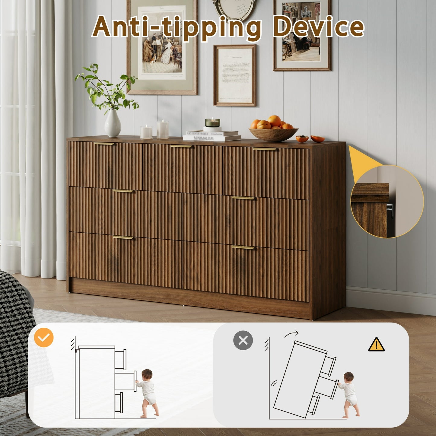 YouTrend Dresser for Bedroom with 7 Drawers,Fluted Dresser with Metal Handle,Modern Chest of Drawer TV Stand,Wood Closet Clothes Storage Organizer for Living Room,Hallway