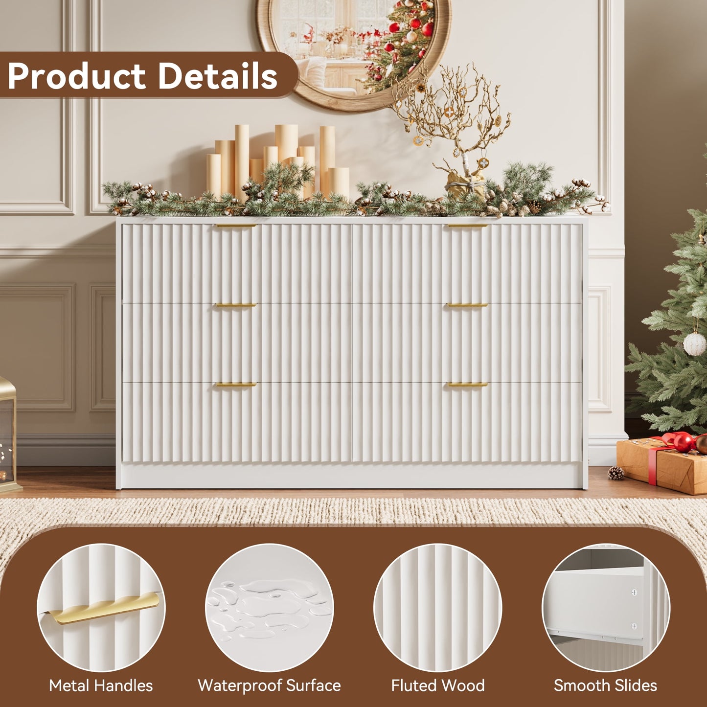 YouTrend 6 Drawer Dresser for Bedroom,55.1"Width Fluted Wood Chest of Drawer with Golden Embedded Handles for Living Room,Black