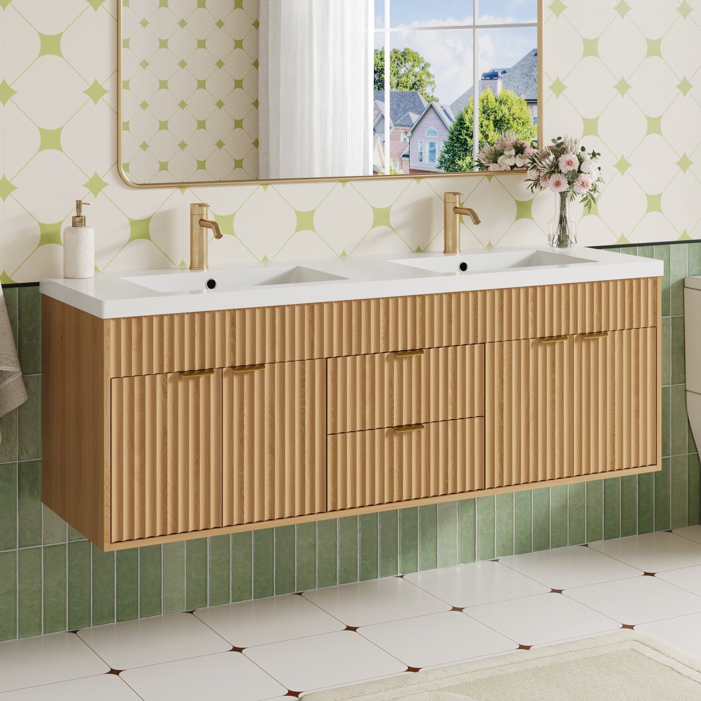 ASTUVIA 60" Fluted Bathroom Vanity Cabinet with 2 Drawers,Bathroom Vanity with Sink and 4 Soft-Close Doors,Floating Bathroom Sink Cabinet,Brown