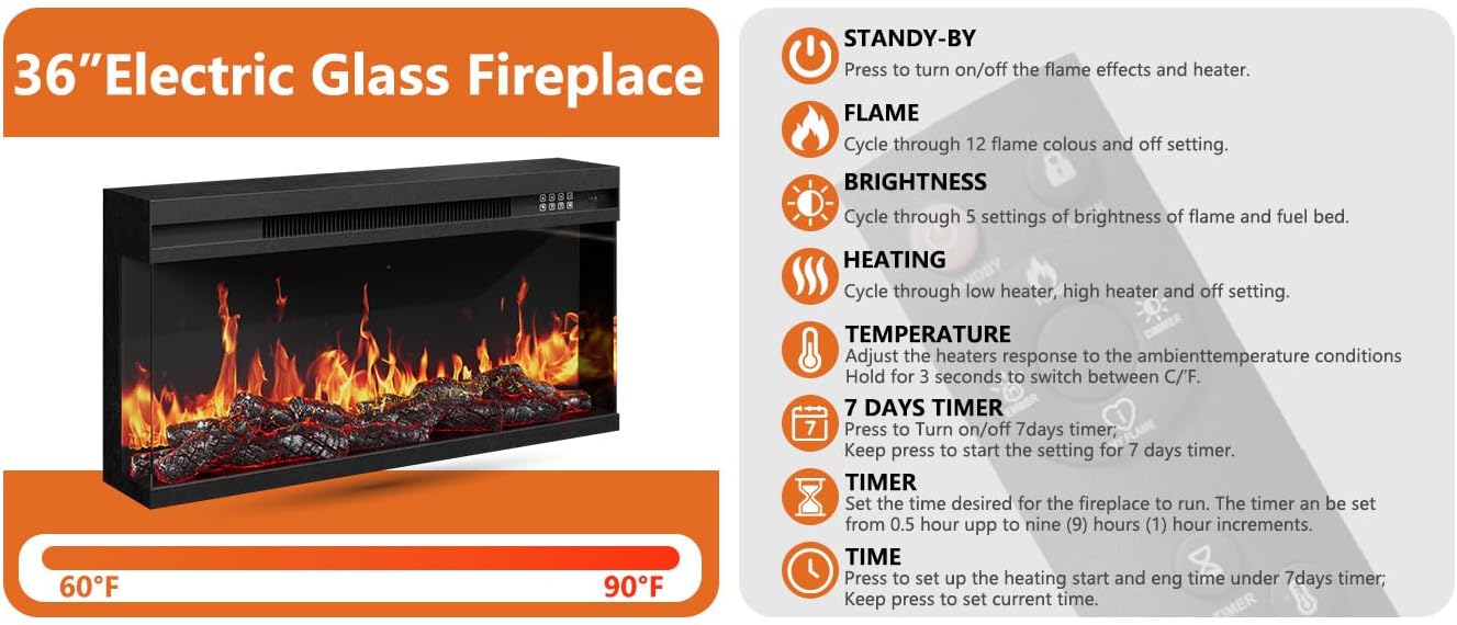 3-Sided Glass Farmhouse Fireplace TV Stand for TVs Up to 100 Inch, Entertainment Center with 36" Electric Fireplace, TV Console with Storage Cabinets for Living Room,Dark Brown