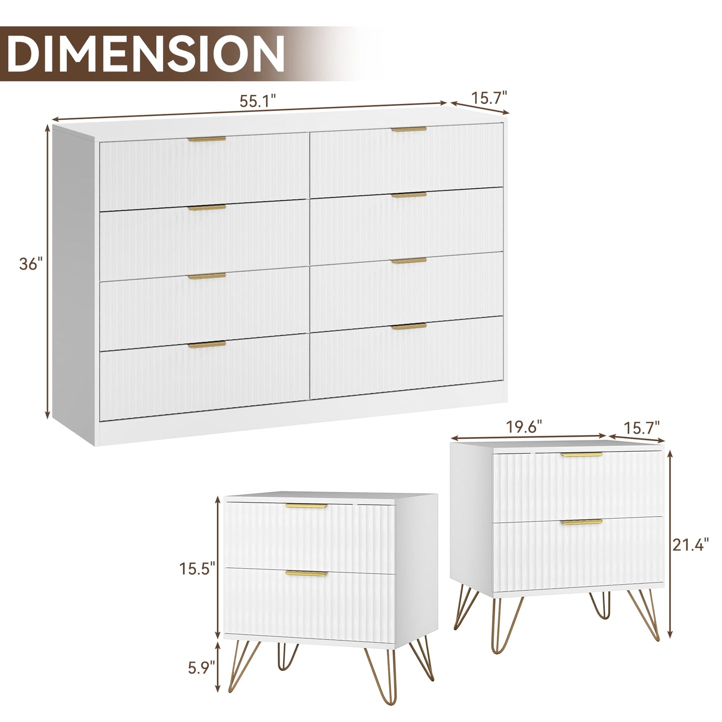 YouTrend 7 Drawer Dresser and Nightstand Sets for Bedroom,3 Piece Bedroom Dresser Set,Fluted Dressers and Nightstands, Modern Bedroom Set