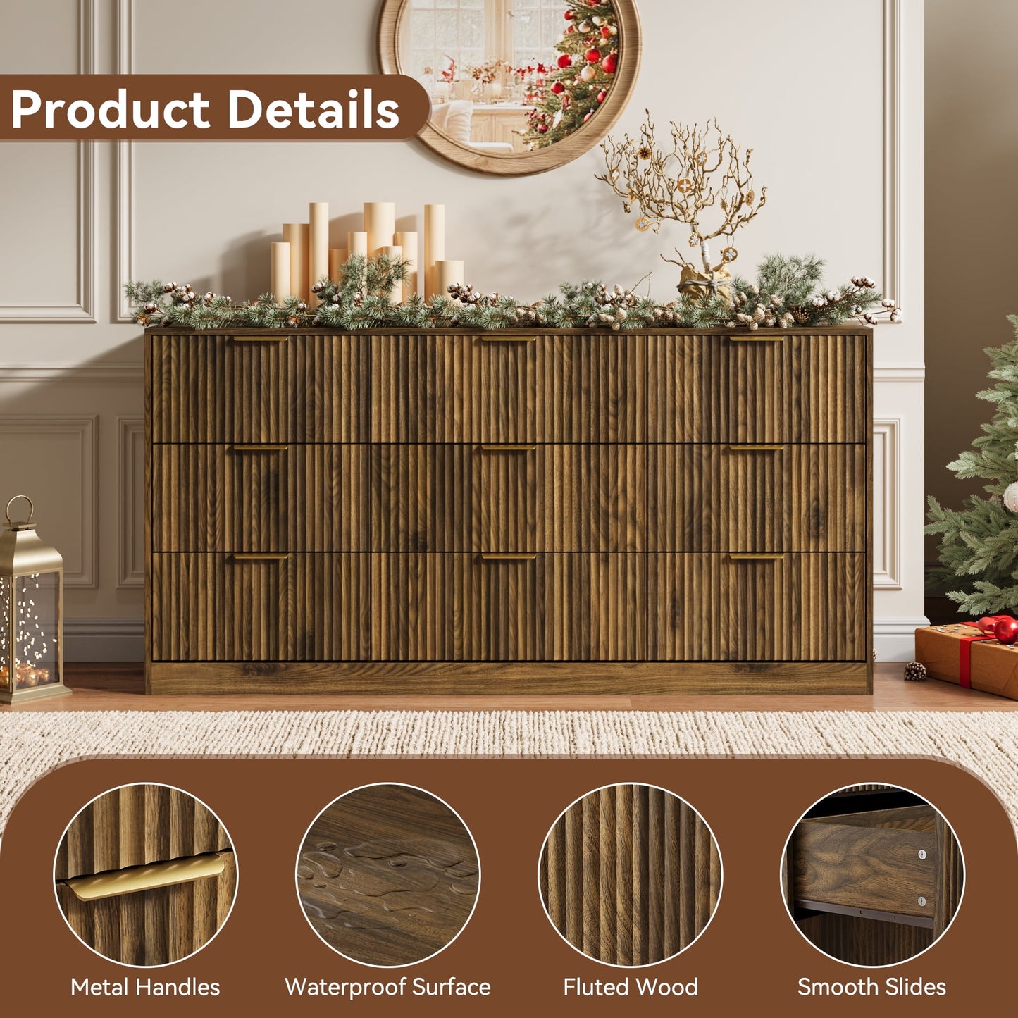 YouTrend White 9 Drawer Dresser for Bedroom,Modern Adult Fluted Wood Chest of Drawer with Golden Embedded Handles for Living Room,Hallway
