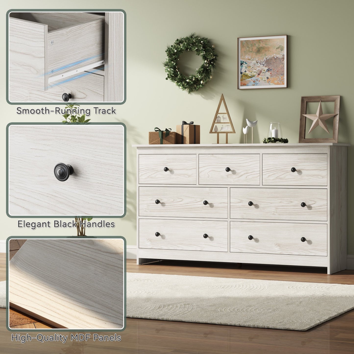 ASTUVIA 7 Drawer White Dresser for Bedroom - Wide TV Stand with Anti-Tip Metal Rails
