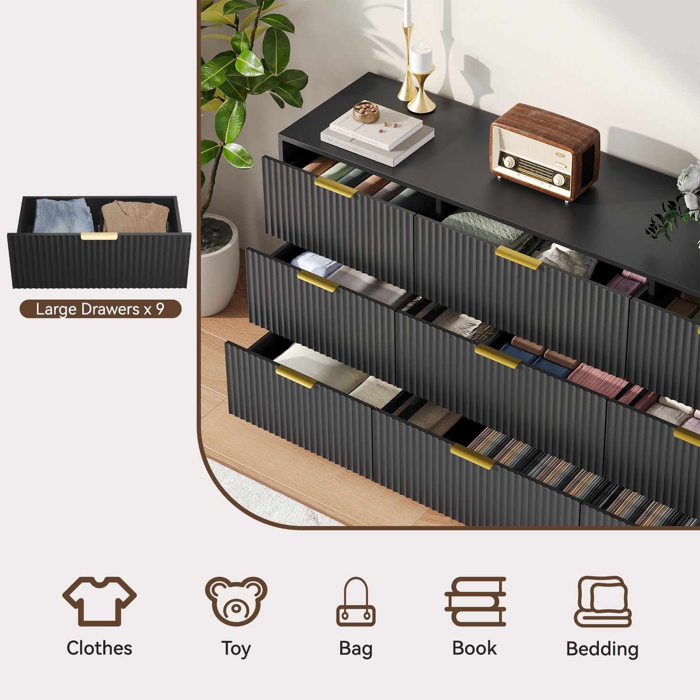 YouTrend 7 Drawer Dresser and Nightstand Sets for Bedroom,3 Piece Bedroom Dresser Set,Fluted Dressers and Nightstands, Modern Bedroom Set