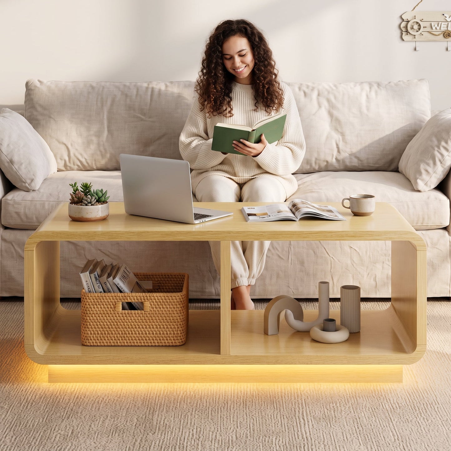 ASTUVIA Coffee Table with LED Lights, 47.2" W TV Stand Center Table with 2-Tiers for Living Room