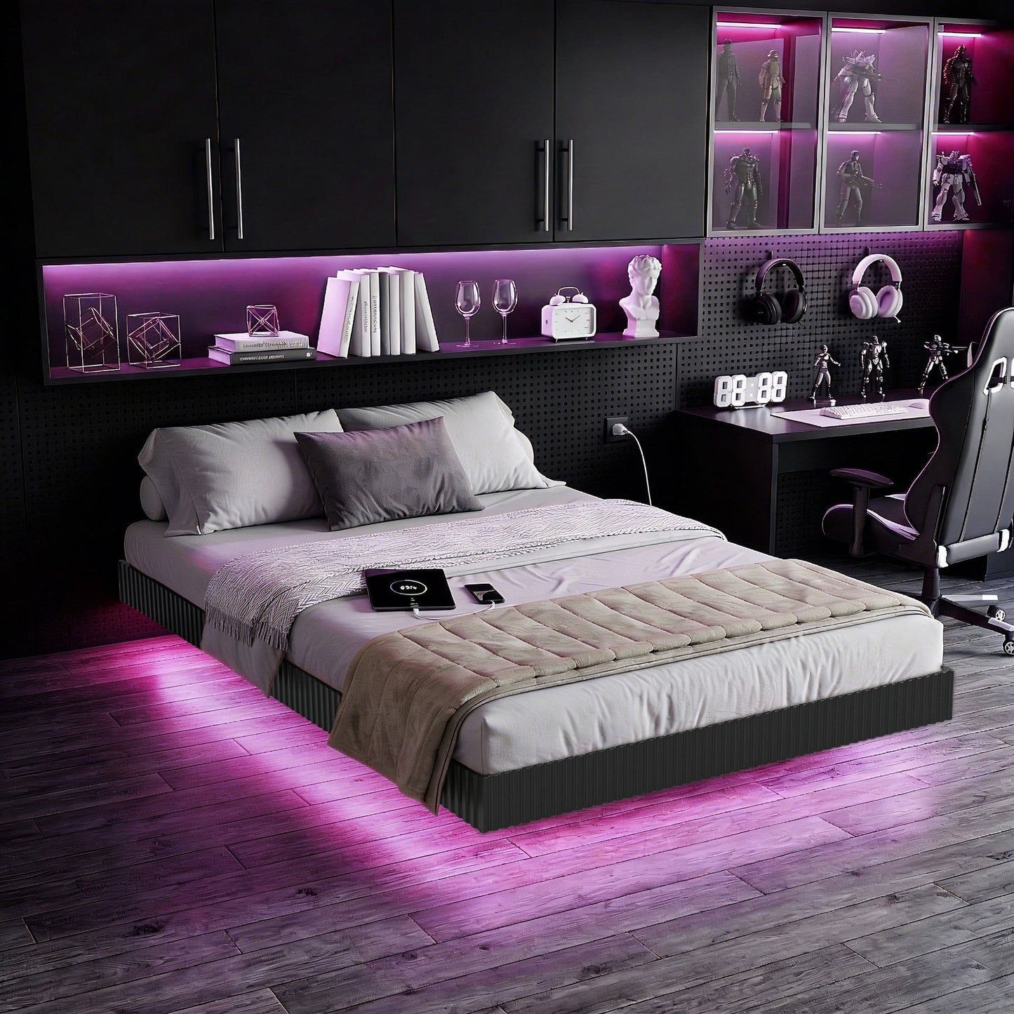 YouTrend King Bed Frame with RGB LED Lights,Floating Bed with Fluted Design;Heavy Duty Steel, Modern Metal Bed Frame,Walnut