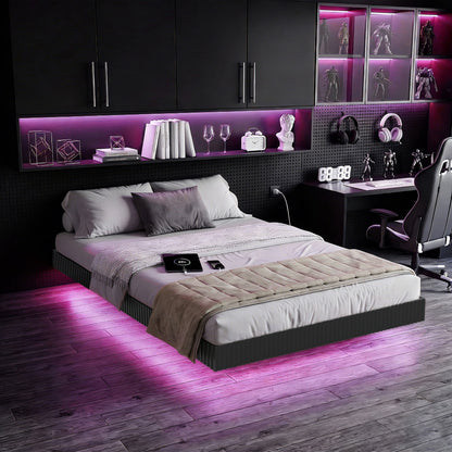 YouTrend King Bed Frame with RGB LED Lights,Floating Bed with Fluted Design;Heavy Duty Steel, Modern Metal Bed Frame,Walnut
