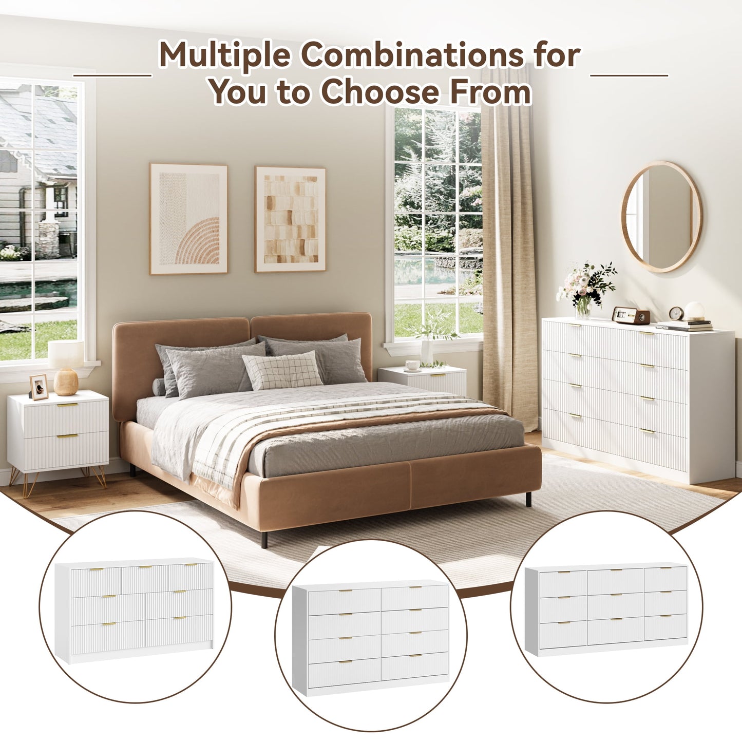 YouTrend 7 Drawer Dresser and Nightstand Sets for Bedroom,3 Piece Bedroom Dresser Set,Fluted Dressers and Nightstands, Modern Bedroom Set