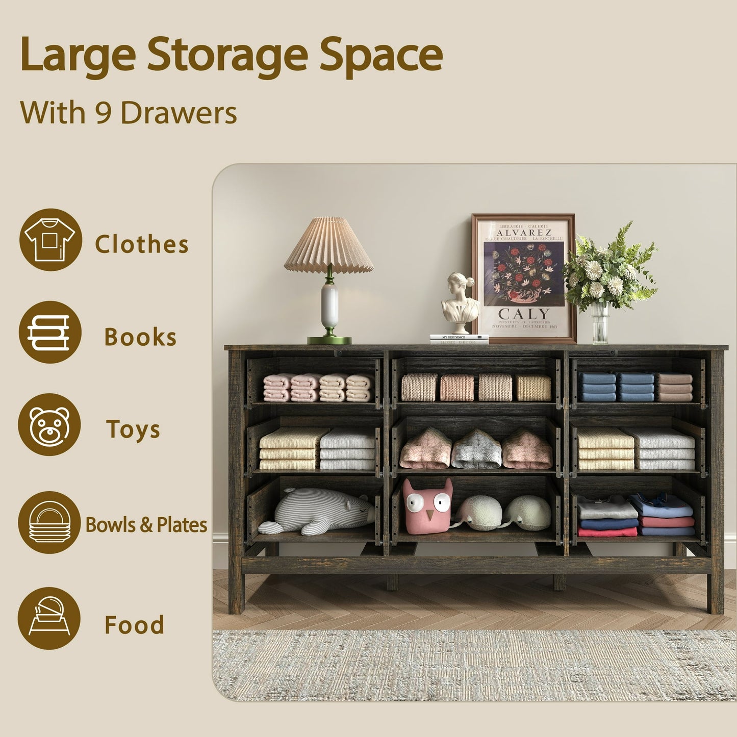 YouTrend 7 Drawer Farmhouse Dresser,Wood Adult Rustic Chest of Drawer with Metal Handles for Bedroom Living Room Hallway,Burlywood & White