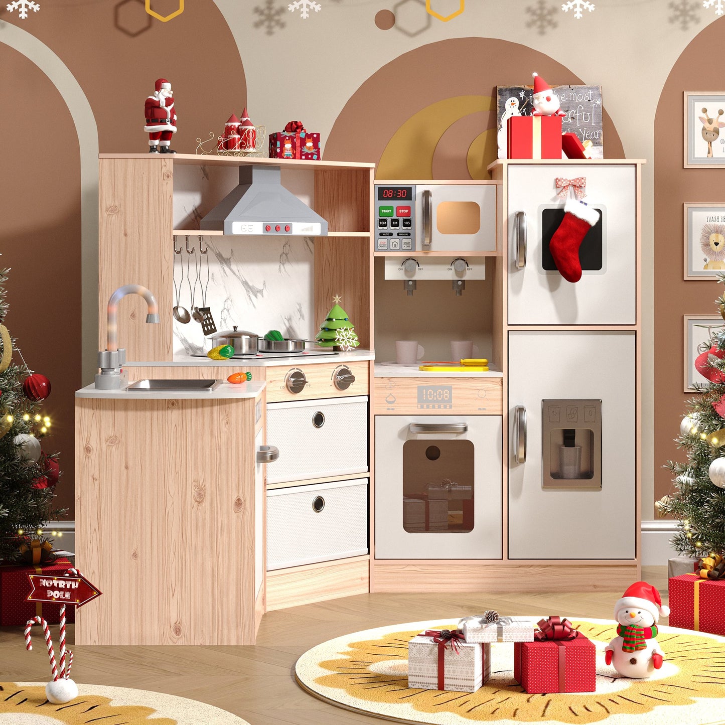 ASTUVIA Wooden Play Kitchen For Kids With Realistic Lights & Sounds, Smart Storage, Pretend Ice Maker, Sink, Stove, Inspiring Creative Role Play Toy