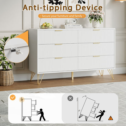 YouTrend White 6 Drawer Dresser with Fluted Wood and Metal Handles Legs for Bedroom Living Room Hallway