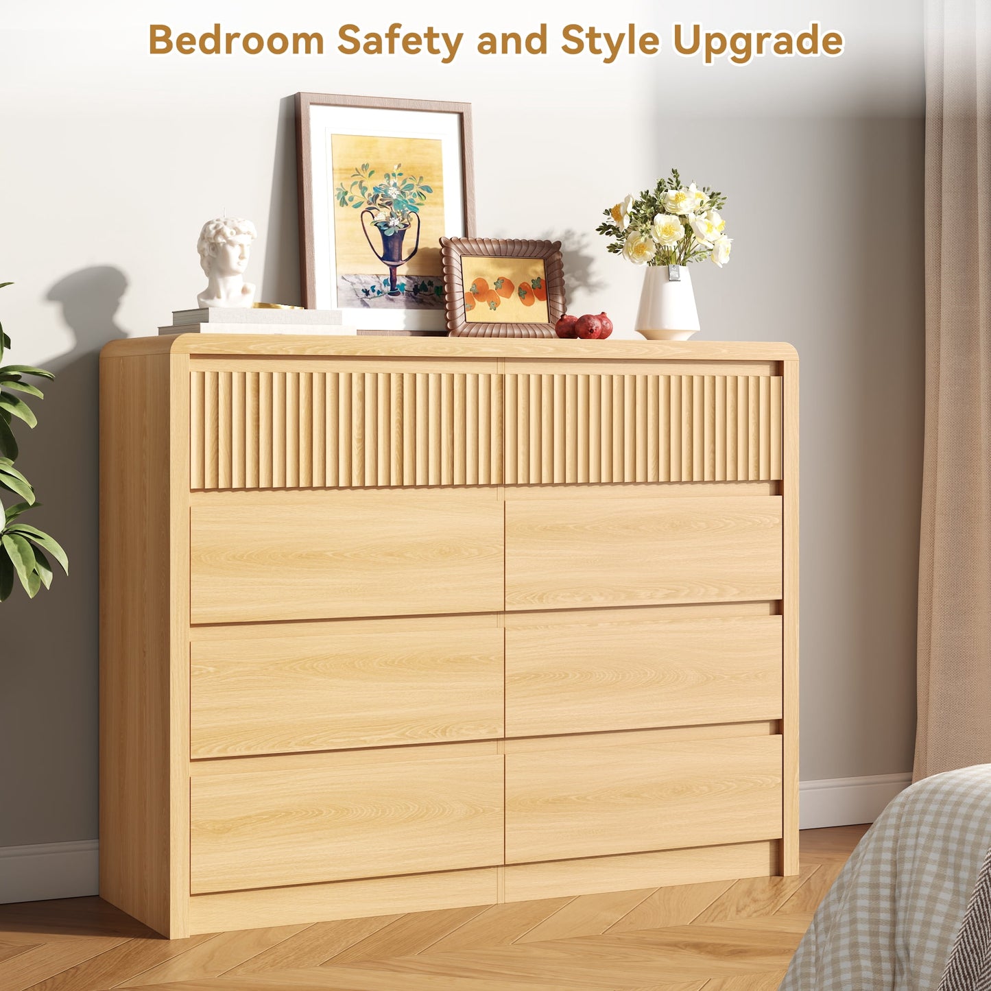 ASTUVIA 9 Fluted Drawers Dresser for Bedroom, 49.2" W Modern Chest of Drawers with Curved Profile Design, Mid Century Storage Dressers Organizer,Brown