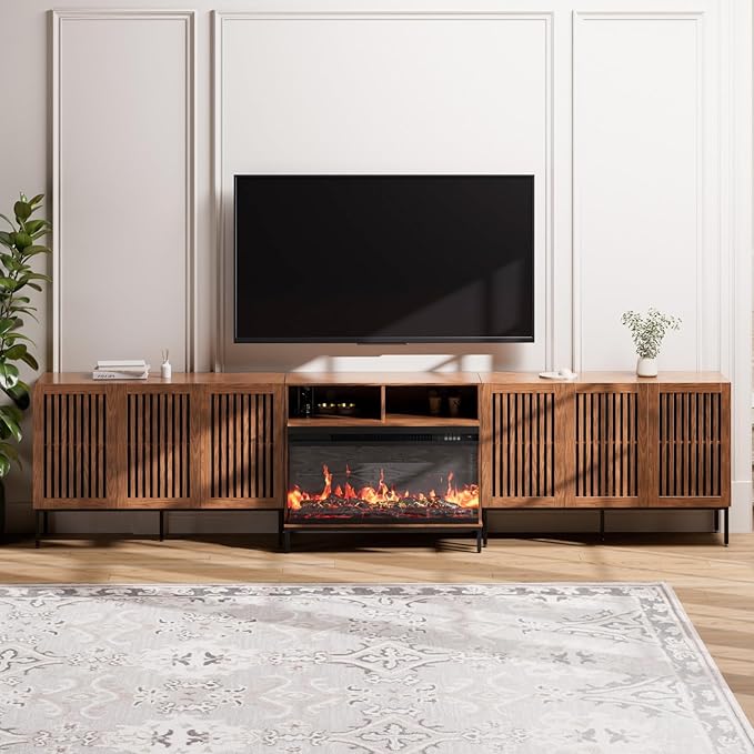 3-Sided Glass Farmhouse Fireplace TV Stand for TVs Up to 100 Inch, Entertainment Center with 36" Electric Fireplace, TV Console with Storage Cabinets for Living Room,Dark Brown