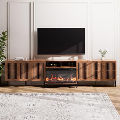 3-Sided Glass Farmhouse Fireplace TV Stand for TVs Up to 100 Inch, Entertainment Center with 36" Electric Fireplace, TV Console with Storage Cabinets for Living Room,Dark Brown