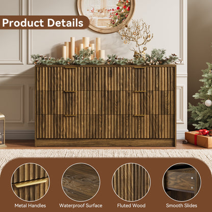 YouTrend 6 Drawer Dresser for Bedroom,55.1"Width Fluted Wood Chest of Drawer with Golden Embedded Handles for Living Room,Black