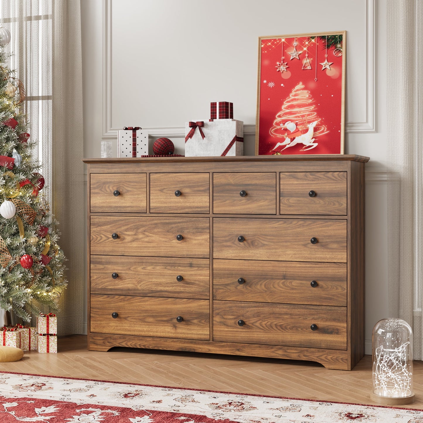 YouTrend 55.1" Wide Dresser for Bedroom, 10 Drawer Dresser with Large Drawers, Dresser for TVs Up to 65",Brown