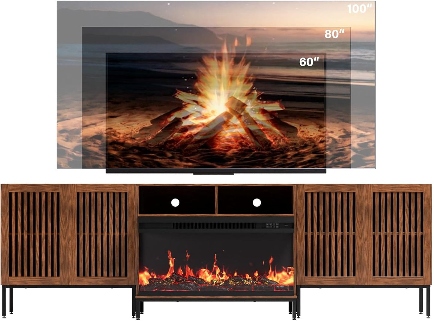 3-Sided Glass Farmhouse Fireplace TV Stand for TVs Up to 100 Inch, Entertainment Center with 36" Electric Fireplace, TV Console with Storage Cabinets for Living Room,Dark Brown