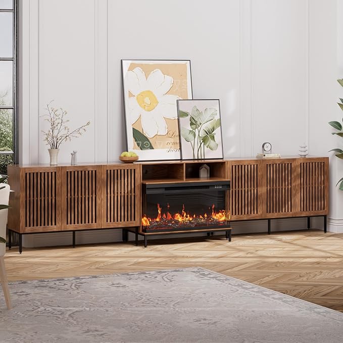 3-Sided Glass Farmhouse Fireplace TV Stand for TVs Up to 100 Inch, Entertainment Center with 36" Electric Fireplace, TV Console with Storage Cabinets for Living Room,Dark Brown