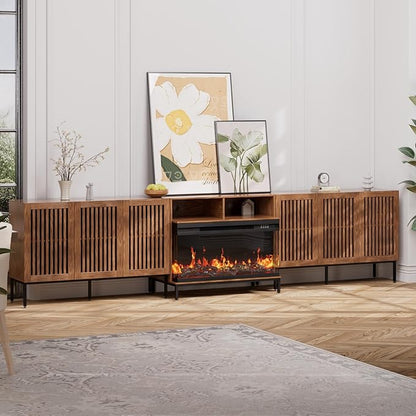 3-Sided Glass Farmhouse Fireplace TV Stand for TVs Up to 100 Inch, Entertainment Center with 36" Electric Fireplace, TV Console with Storage Cabinets for Living Room,Dark Brown