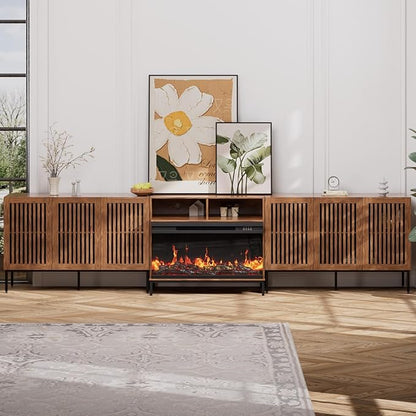 3-Sided Glass Farmhouse Fireplace TV Stand for TVs Up to 100 Inch, Entertainment Center with 36" Electric Fireplace, TV Console with Storage Cabinets for Living Room,Dark Brown