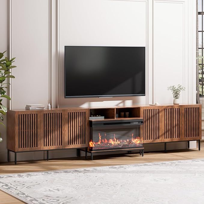 3-Sided Glass Farmhouse Fireplace TV Stand for TVs Up to 100 Inch, Entertainment Center with 36" Electric Fireplace, TV Console with Storage Cabinets for Living Room,Dark Brown