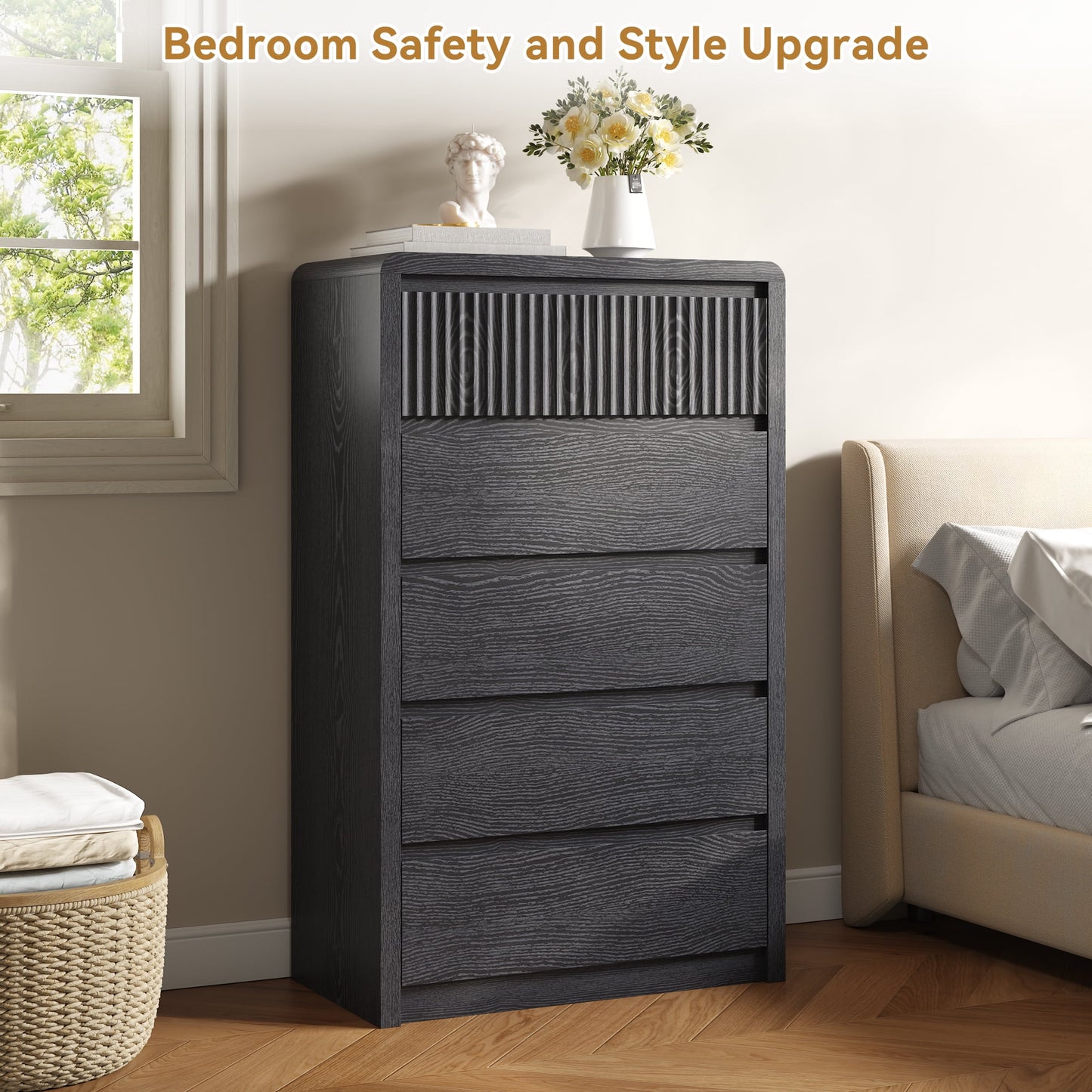 ASTUVIA 9 Fluted Drawers Dresser for Bedroom, 49.2" W Modern Chest of Drawers with Curved Profile Design, Mid Century Storage Dressers Organizer,Brown