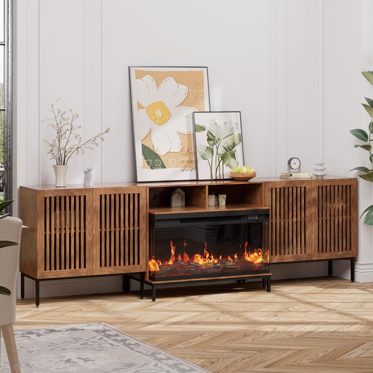 3-Sided Glass Farmhouse Fireplace TV Stand for TVs Up to 100 Inch, Entertainment Center with 36" Electric Fireplace, TV Console with Storage Cabinets for Living Room,Dark Brown