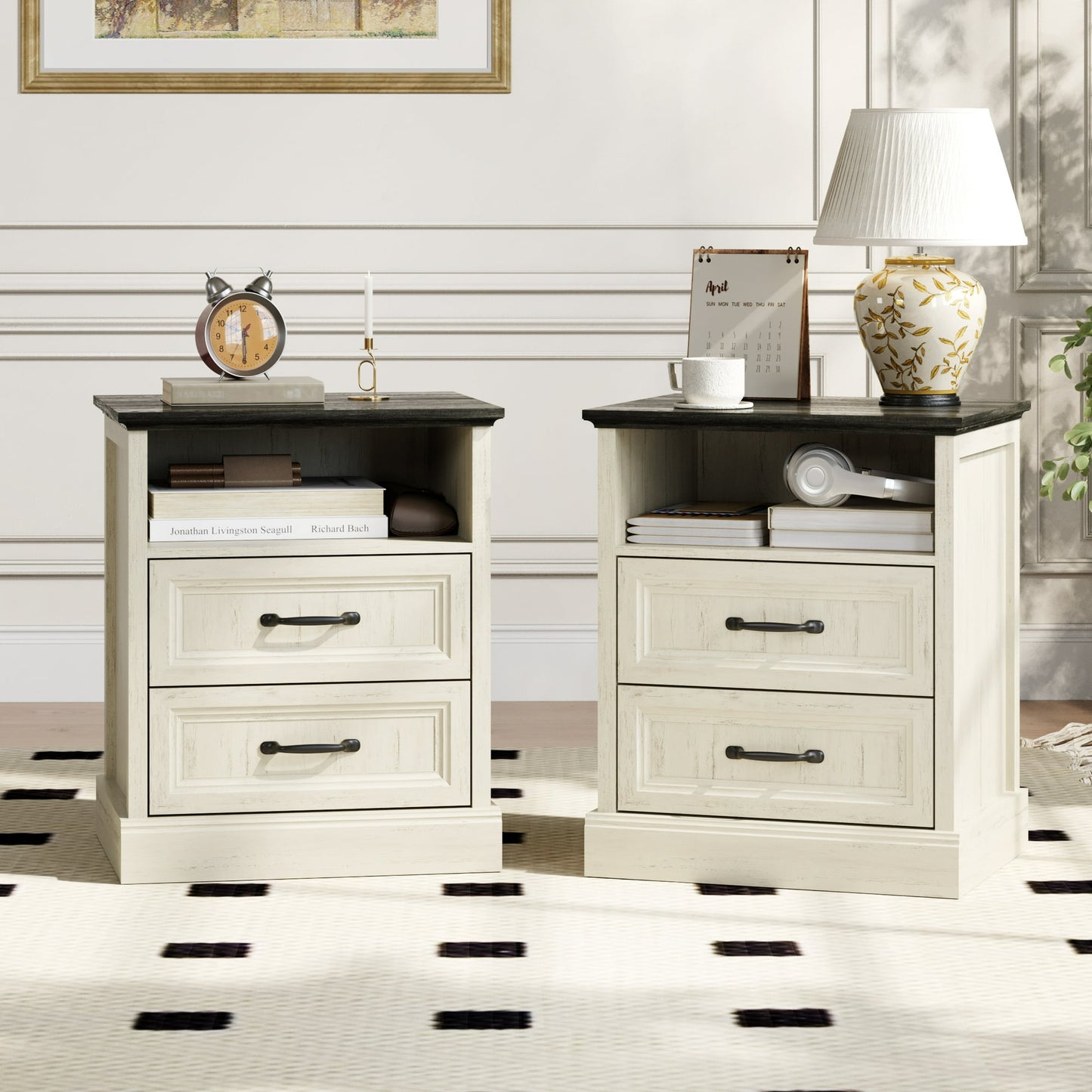 YouTrend Farmhouse Nightstand with 2 Drawers & Open Shelf End Table Bedside Tables for Bedroom Living Room,White