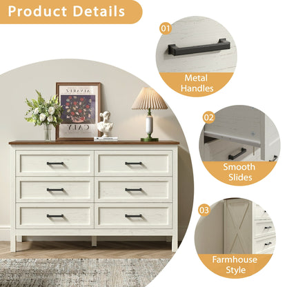 YouTrend 6 Drawer Farmhouse Dresser,Wood Adult Rustic Chest of Drawer with Metal Handles for Bedroom Living Room Hallway,Burlywood & White