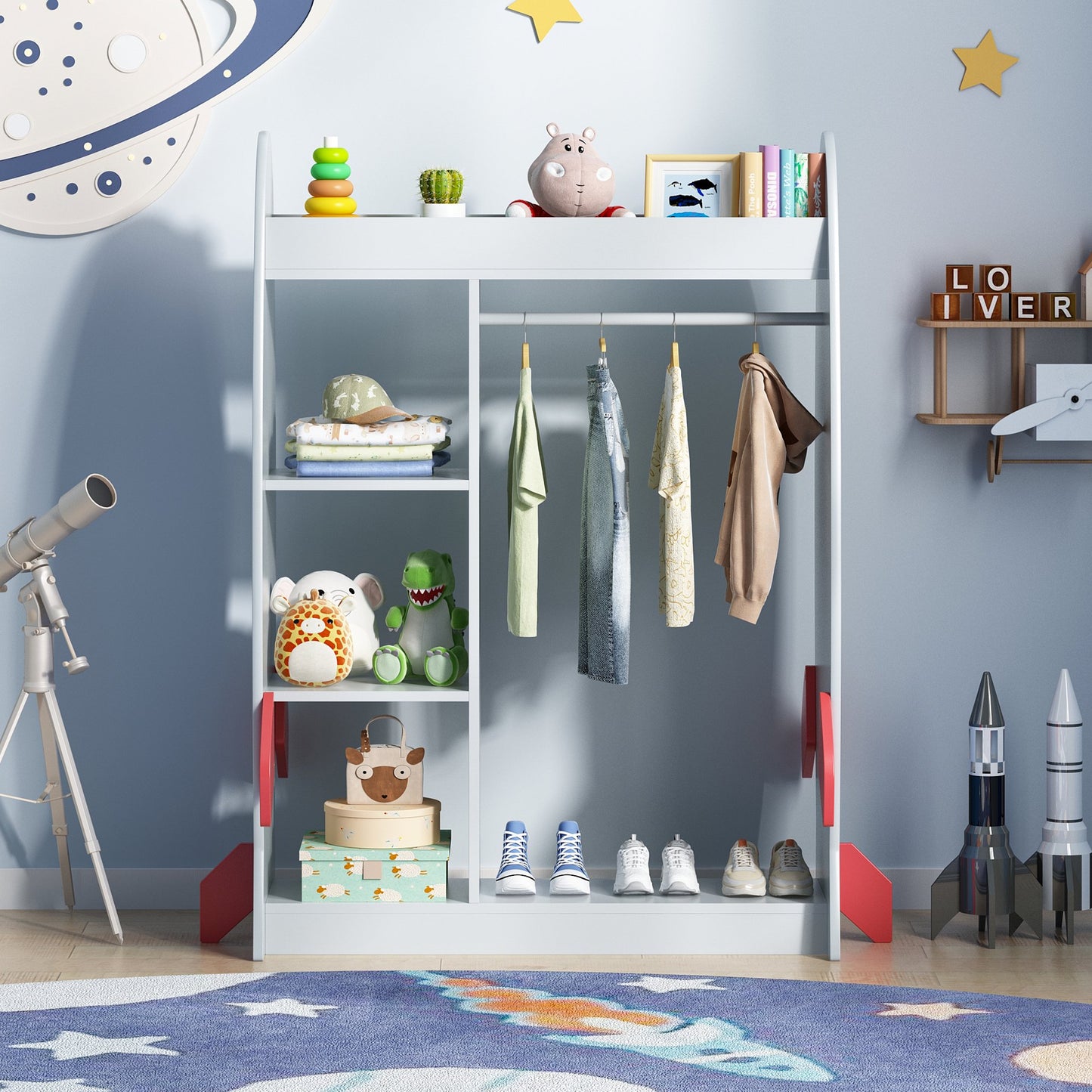 ASTUVIA Kids Dress Up Storage with Mirror, Rocket Shape Kids Clothing Rack with Storage Shelves for Bedroom,Playroom