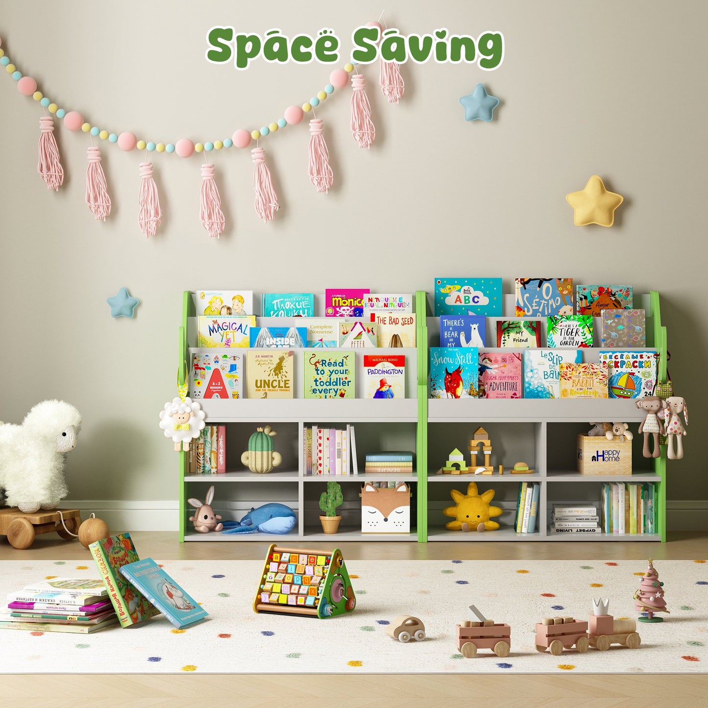 ASTUVIA 3 Tier Kids Bookshelf with Storage,Toy Storage Organizer with Cactus Appearance, Kids Bookcase and Bookshelf with 4 Storage, Green