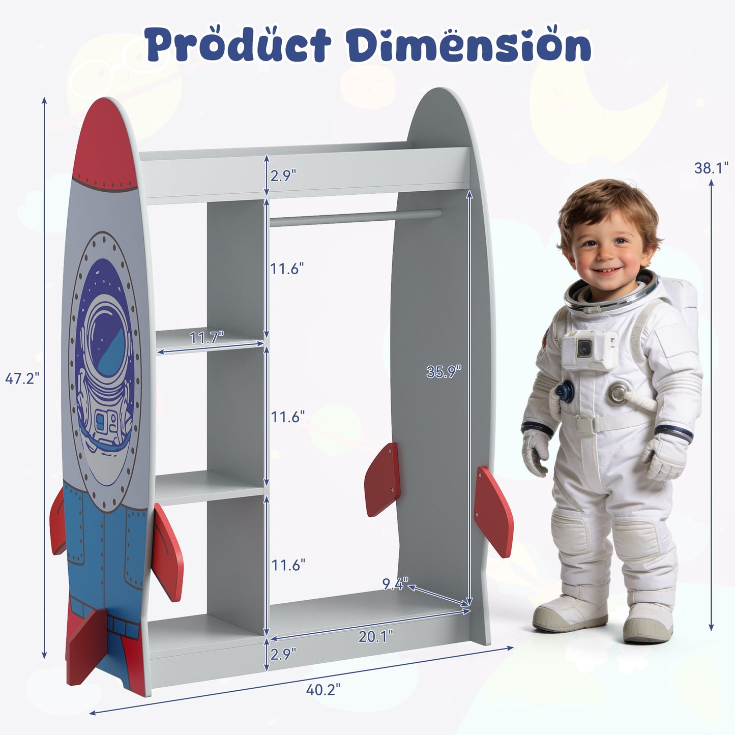ASTUVIA Kids Dress Up Storage with Mirror, Rocket Shape Kids Clothing Rack with Storage Shelves for Bedroom,Playroom