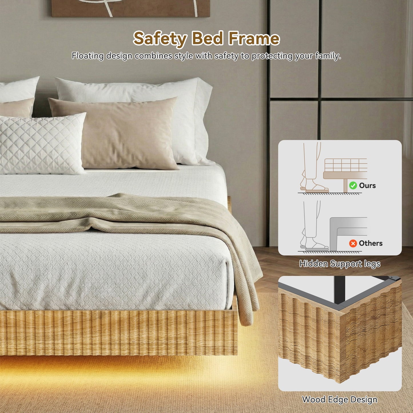 YouTrend King Bed Frame with RGB LED Lights,Floating Bed with Fluted Design;Heavy Duty Steel, Modern Metal Bed Frame,Walnut