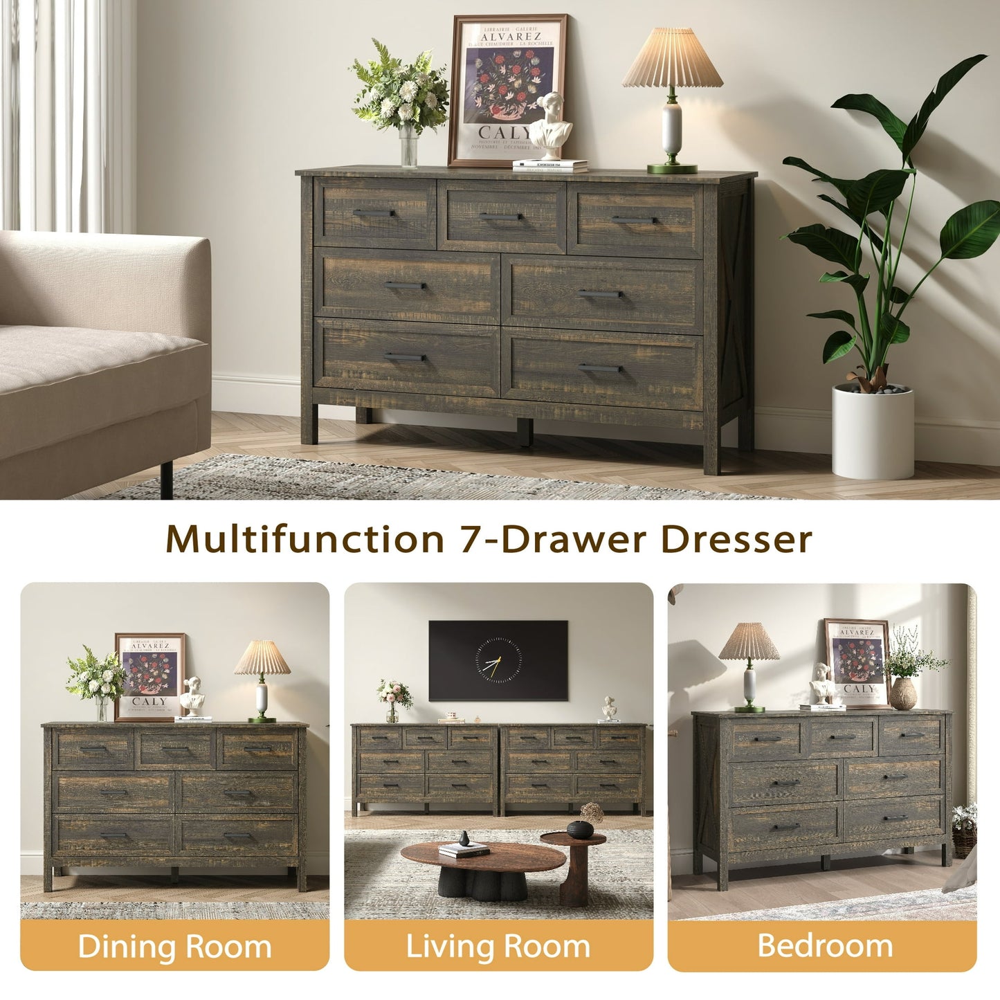 YouTrend 7 Drawer Farmhouse Dresser,Wood Adult Rustic Chest of Drawer with Metal Handles for Bedroom Living Room Hallway,Burlywood & White