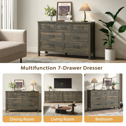 YouTrend 7 Drawer Farmhouse Dresser,Wood Adult Rustic Chest of Drawer with Metal Handles for Bedroom Living Room Hallway,Burlywood & White
