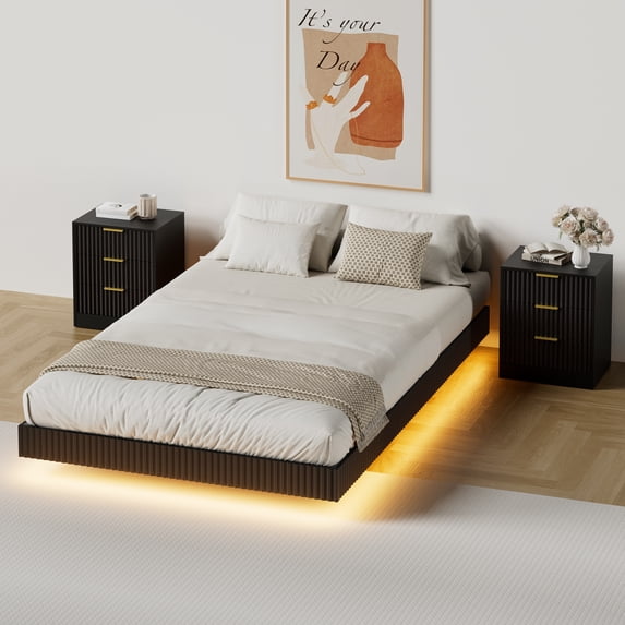 ASTUVIA 4-Piece Bedroom Set for Adult, Fluted Queen Floating LED Bed Frame with 2 Nightstands and Fluted Drawer Dressers