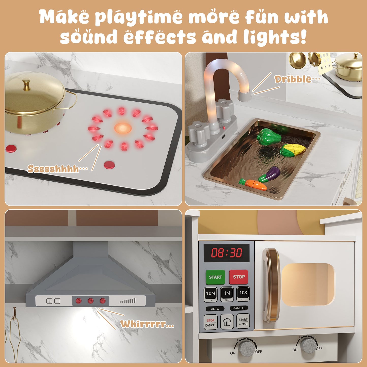 ASTUVIA Wooden Play Kitchen For Kids With Realistic Lights & Sounds, Smart Storage, Pretend Ice Maker, Sink, Stove, Inspiring Creative Role Play Toy