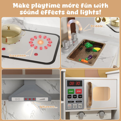 ASTUVIA Wooden Play Kitchen For Kids With Realistic Lights & Sounds, Smart Storage, Pretend Ice Maker, Sink, Stove, Inspiring Creative Role Play Toy