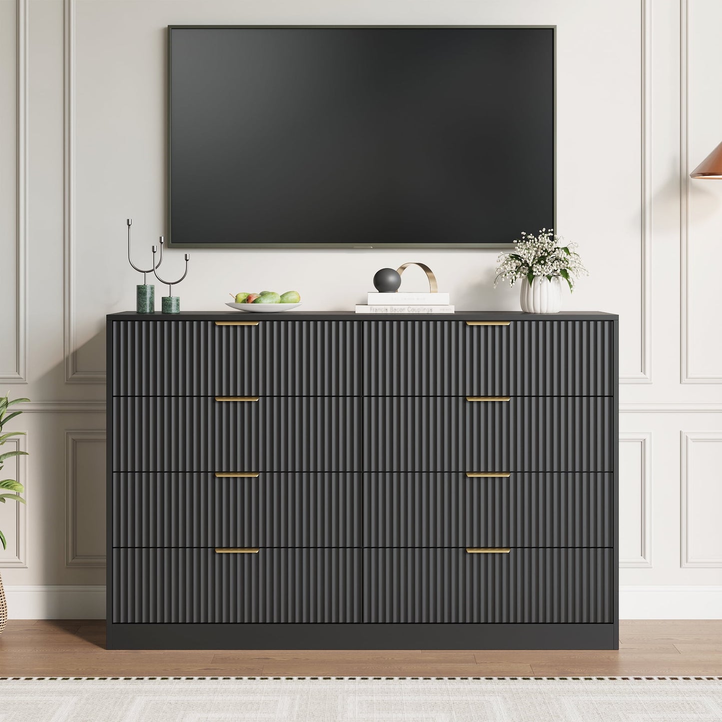 8 Drawer Dresser with for Bedroom,Modern Fluted Wood Chest of Drawer with Golden Embedded Handles for Living Room,Hallway