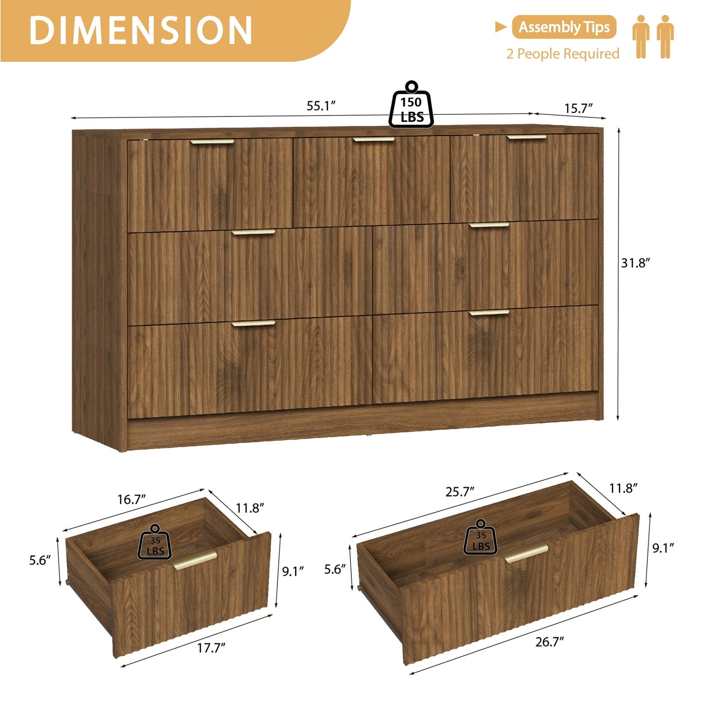 YouTrend Dresser for Bedroom with 7 Drawers,Fluted Dresser with Metal Handle,Modern Chest of Drawer TV Stand,Wood Closet Clothes Storage Organizer for Living Room,Hallway