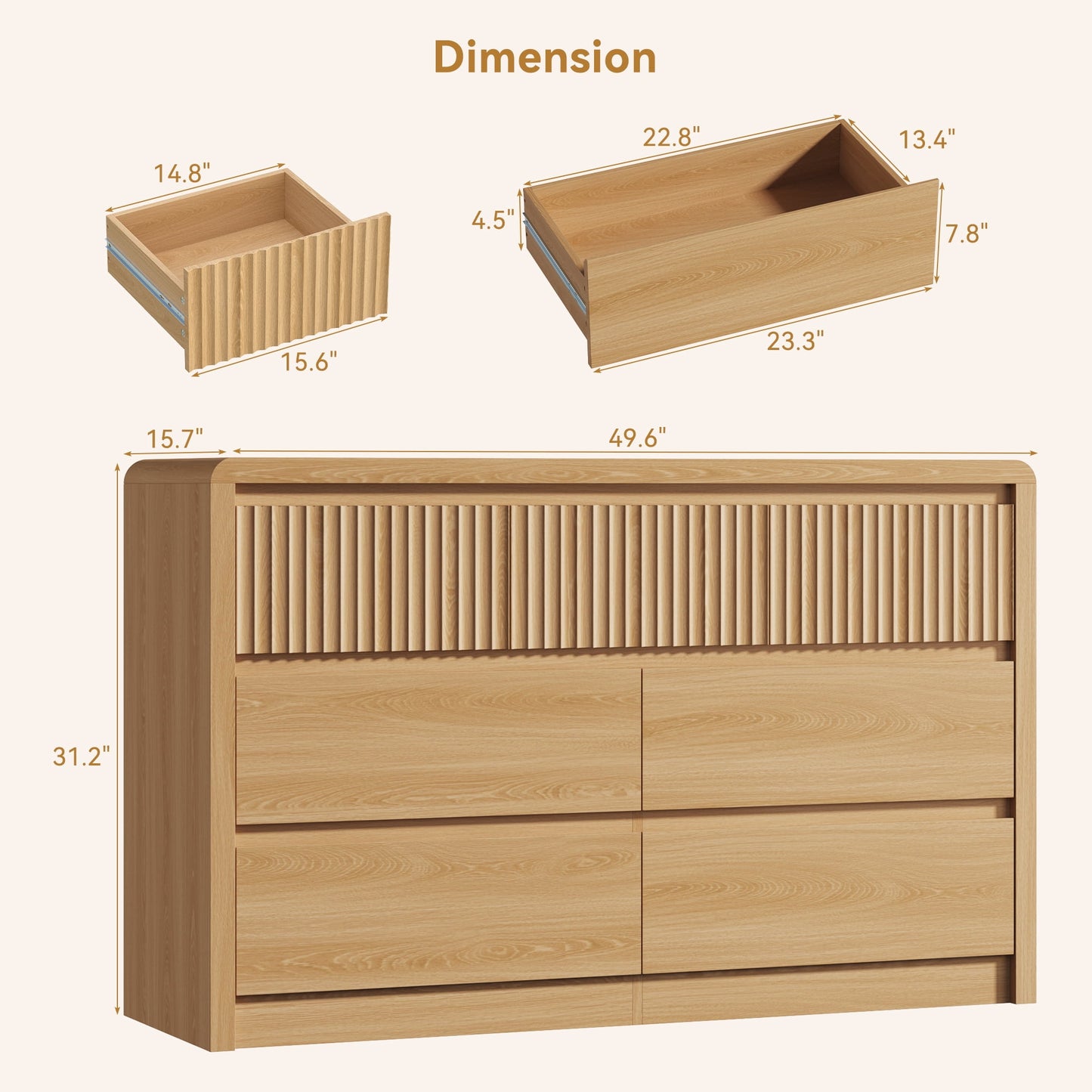 ASTUVIA 9 Fluted Drawers Dresser for Bedroom, 49.2" W Modern Chest of Drawers with Curved Profile Design, Mid Century Storage Dressers Organizer,Brown