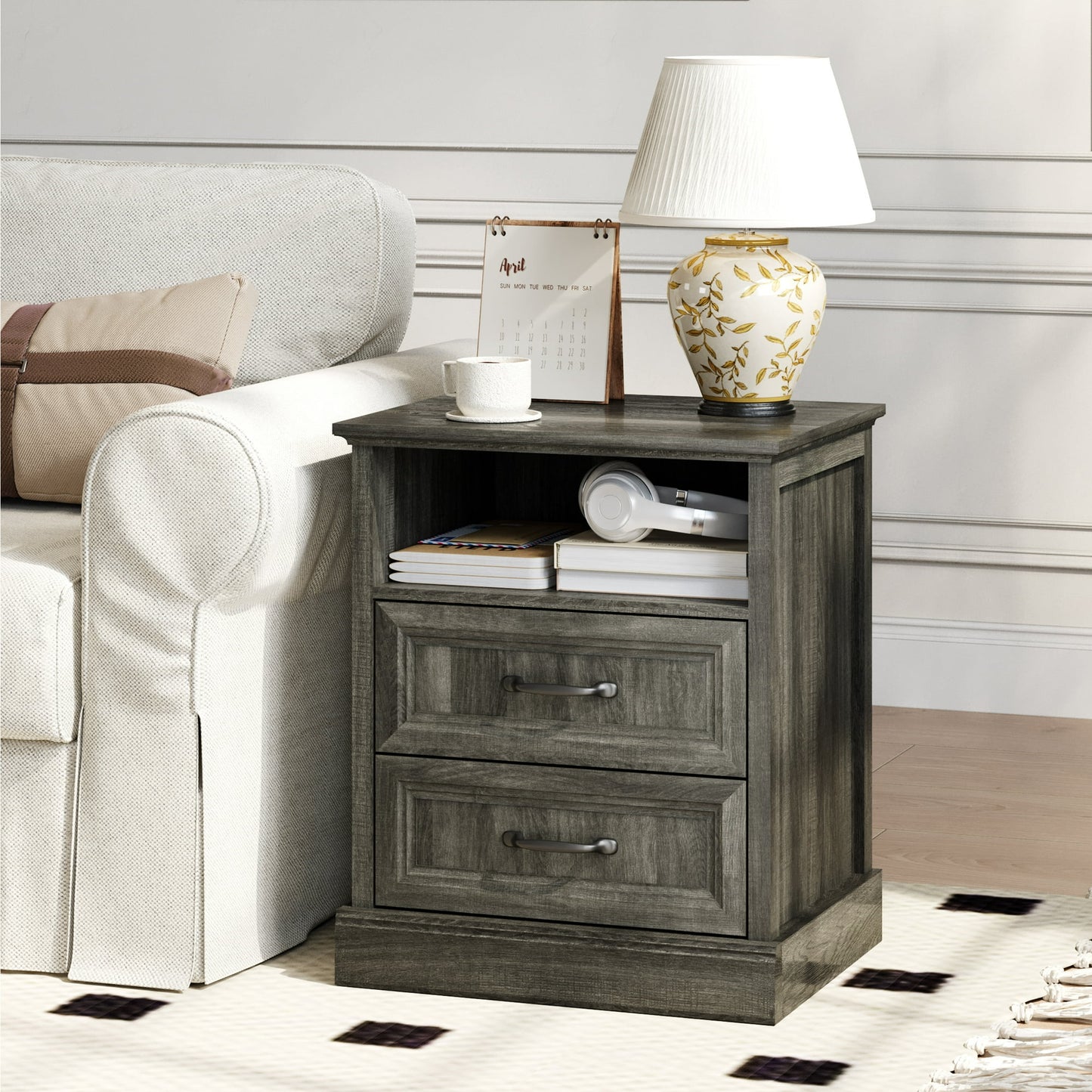 YouTrend Farmhouse Nightstand with 2 Drawers & Open Shelf End Table Bedside Tables for Bedroom Living Room,White