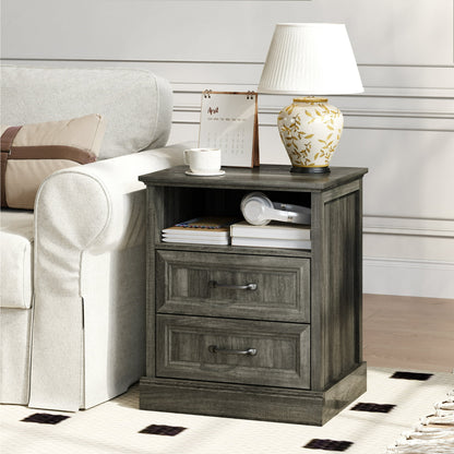 YouTrend Farmhouse Nightstand with 2 Drawers & Open Shelf End Table Bedside Tables for Bedroom Living Room,White