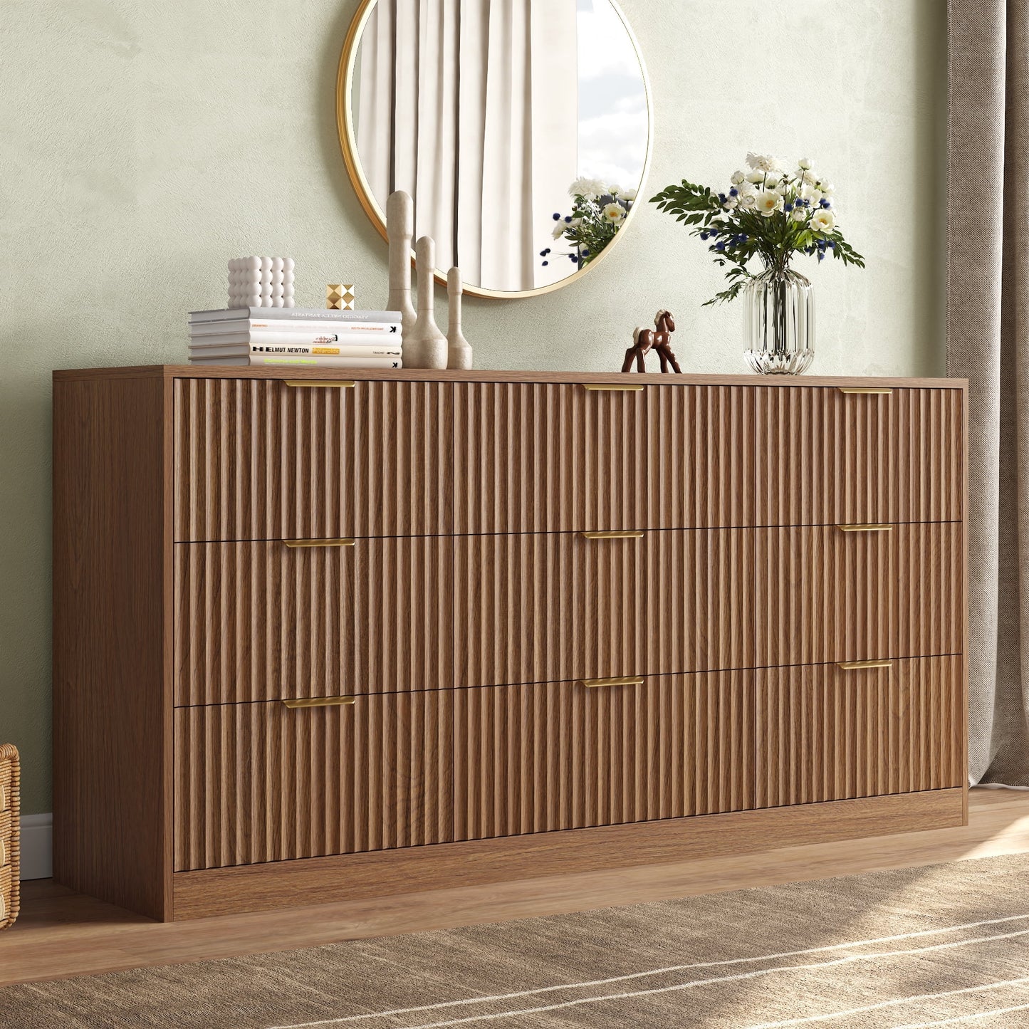 ASTUVIA 55.1" W Fluted 6 Drawer Dresser for Adult,Wooden Bedroom Dresser,Dresser TV Stand up to 65" for Living Room,Brown